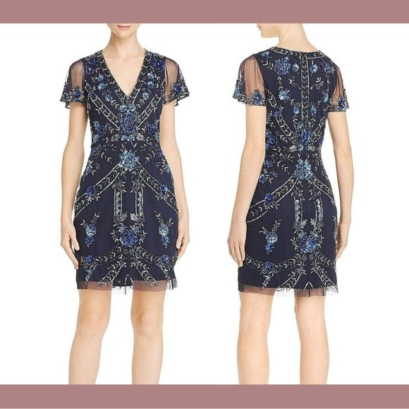 NWT $372 Aidan Mattox [ 0‎ ] Embellished V-Neck Cocktail Dress in Twilight BLUE - Picture 1 of 13